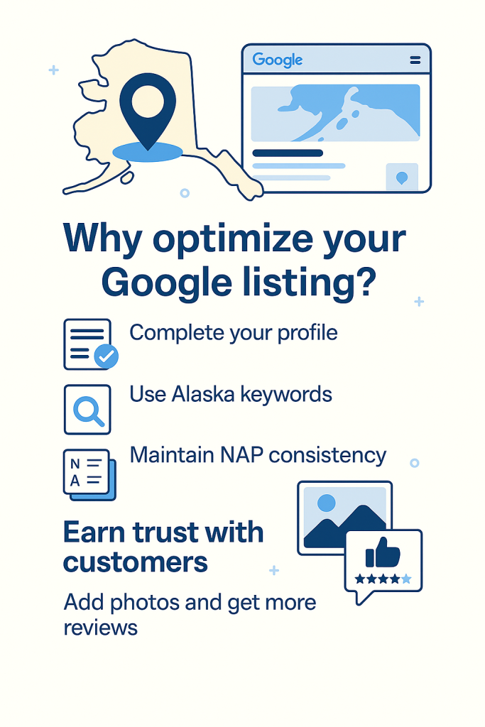 Digital illustration highlighting Google Business Profile Optimization for Alaska businesses, showing a map location icon, a business storefront, and a mobile search interface to represent improved local visibility, higher map rankings, and increased foot traffic with RankVisibly.