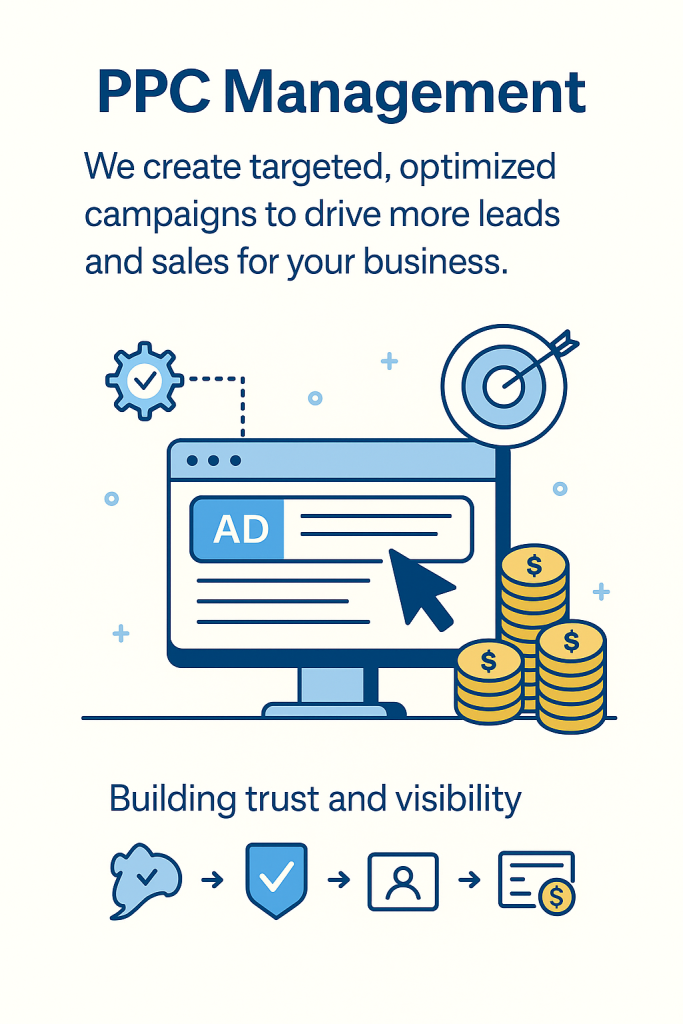 Illustration showing RankVisibly’s PPC advertising strategy for Alaska businesses. Graphic includes icons for keyword research, ad copywriting, conversion tracking, and campaign optimization, highlighting a full-service pay-per-click approach to increase leads, sales, and ROI through targeted digital advertising.