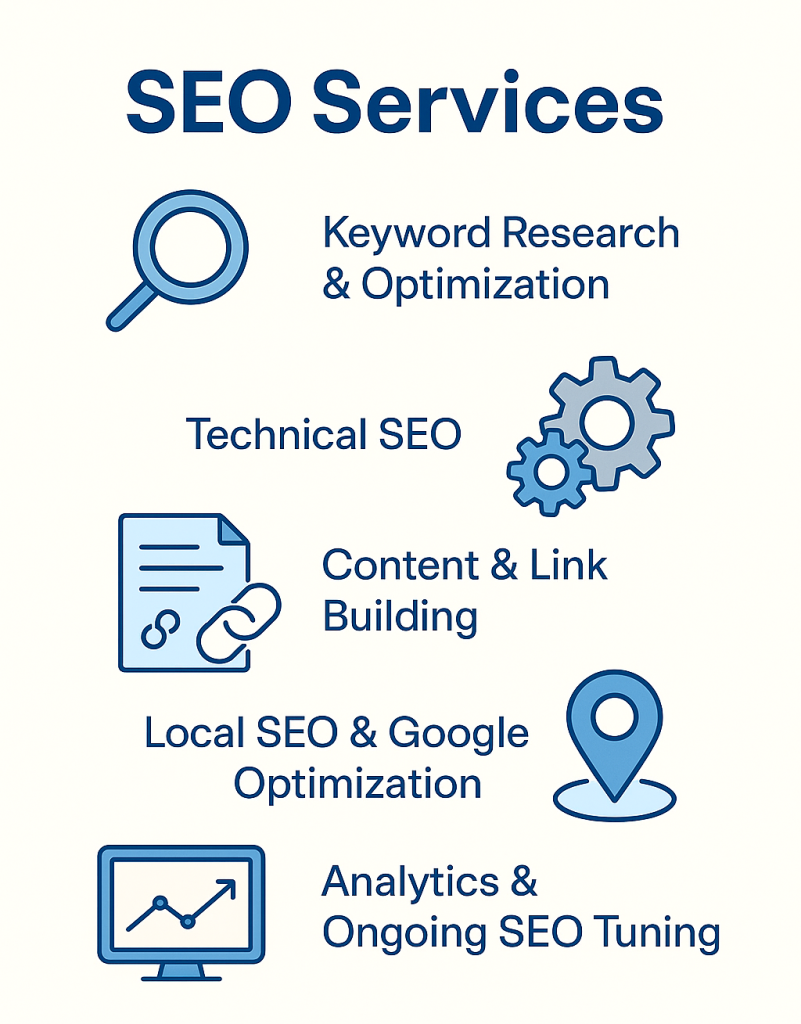 Flat-style infographic highlighting RankVisibly’s Alaska SEO services, including keyword research, technical SEO, content and link building, local SEO optimization, and ongoing analytics – tailored for Alaska businesses to improve Google rankings and generate local leads.