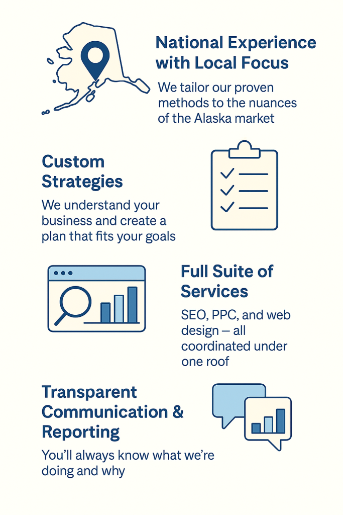 Infographic showcasing RankVisibly’s full-service digital marketing for Alaska businesses, highlighting national expertise, local strategy customization, integrated services like SEO, PPC, and web design, and transparent reporting.