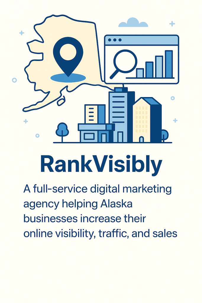 Illustration representing RankVisibly's digital marketing services in Alaska, featuring local business icons, SEO growth chart, and a map outline of Alaska to symbolize online visibility and statewide service coverage.