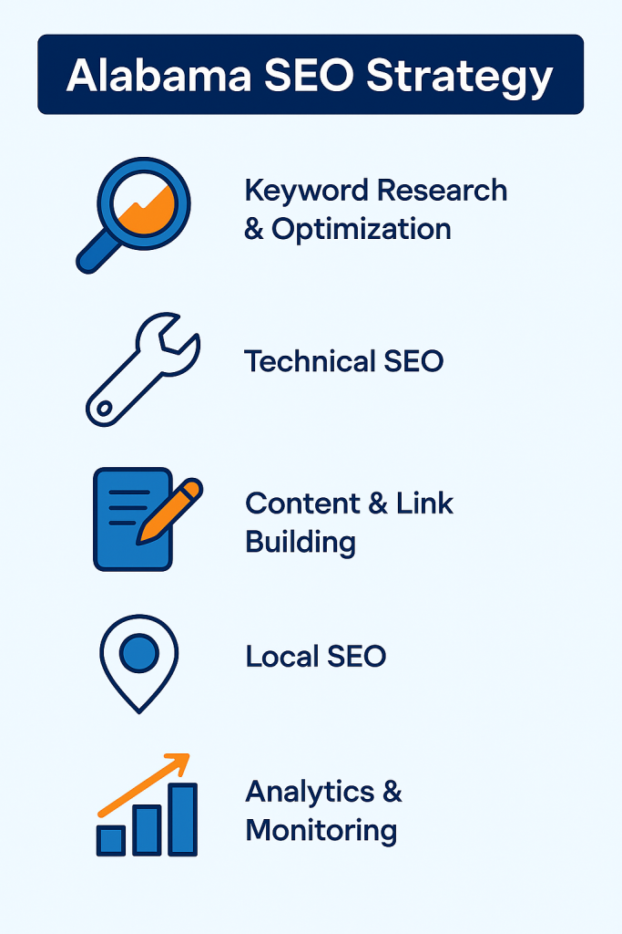 Infographic showing five key Alabama SEO elements including keyword research, technical SEO fixes, content creation and link building, local SEO optimization, and performance analytics with minimal text and small icons in a portrait layout.