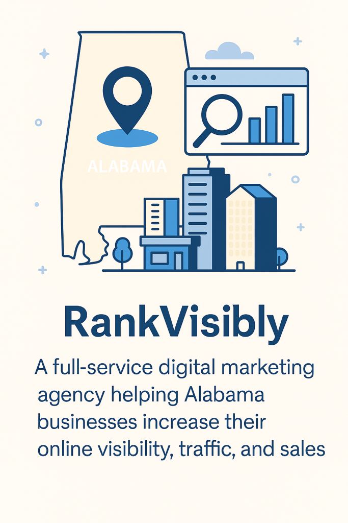 Infographic showing RankVisibly as a full-service digital marketing agency in Alabama, featuring a map outline, search analytics icon, and cityscape to highlight SEO, traffic growth, and local online visibility.