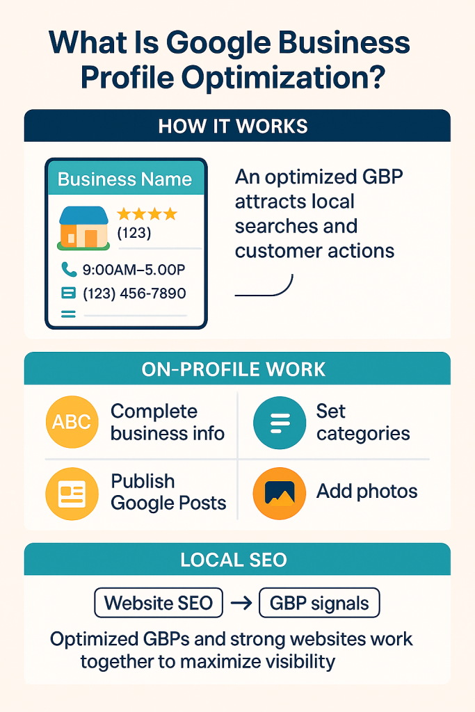 Google Business Profile optimization infographic showing key local SEO elements including complete business info, categories, Google Posts, and customer photos to improve local visibility.