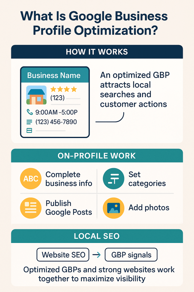 Infographic explaining Google Business Profile optimization, showing how complete business info, categories, posts, and photos improve local SEO visibility and customer engagement.