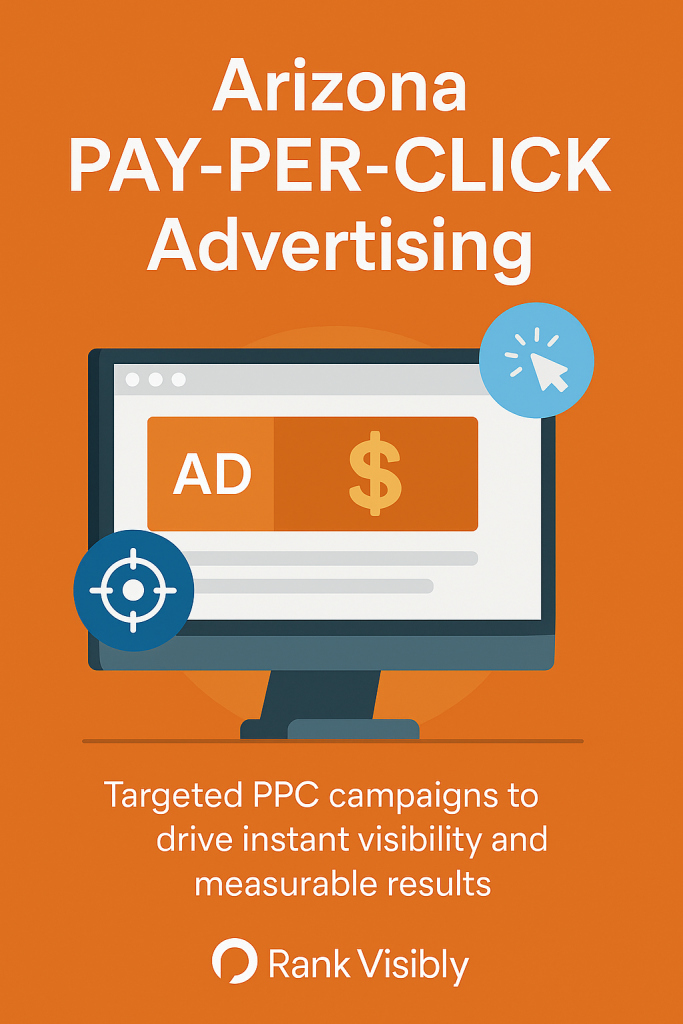 Arizona PPC advertising infographic showing a laptop with digital ad strategy visuals, emphasizing geo-targeting, mobile optimization, and ROI-driven campaigns for businesses in Phoenix, Tucson, Mesa, and across Arizona
