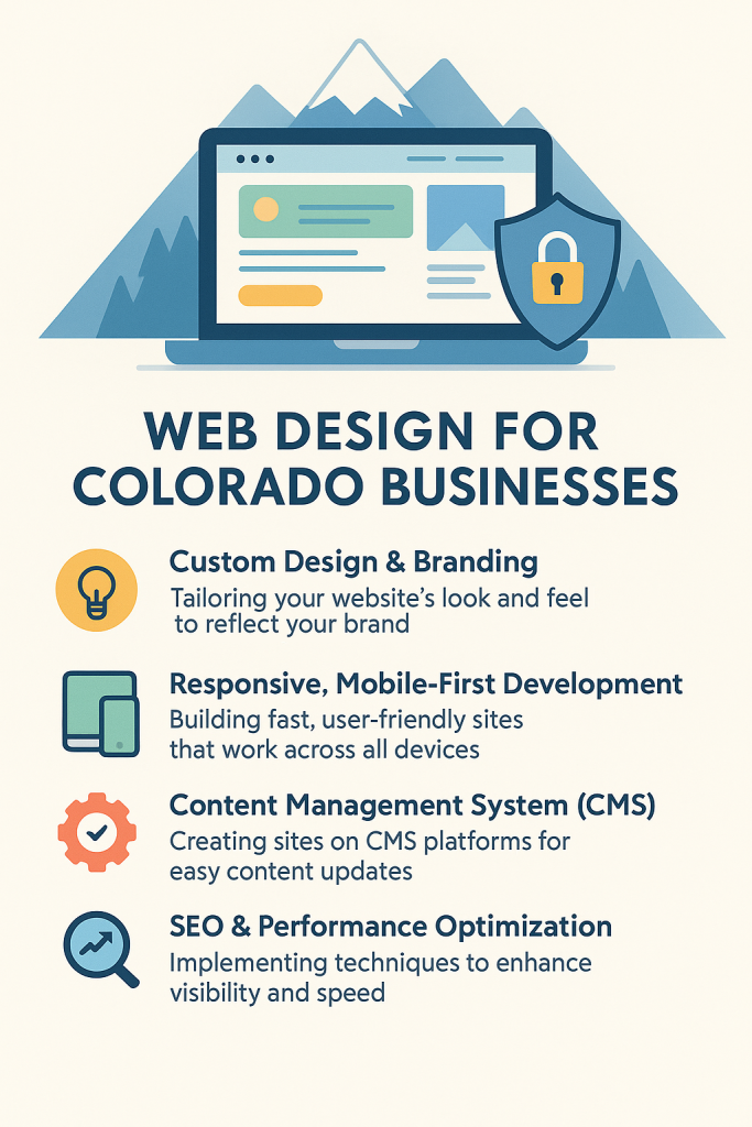 Infographic highlighting web design services for Colorado businesses, including custom design, mobile-first development, CMS integration, and SEO optimization with icons and concise descriptions.