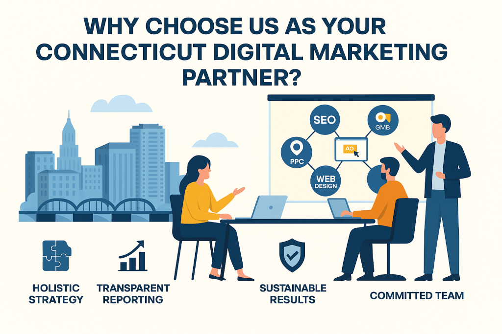 Flat-style digital illustration showcasing a Connecticut-focused digital marketing agency’s core services—SEO, PPC, GMB optimization, and web design—with icons representing strategy, performance, support, and local expertise.