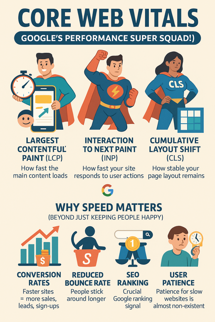 Core Web Vitals infographic showing LCP, INP, CLS superheroes and benefits of faster website speed for SEO and conversions.