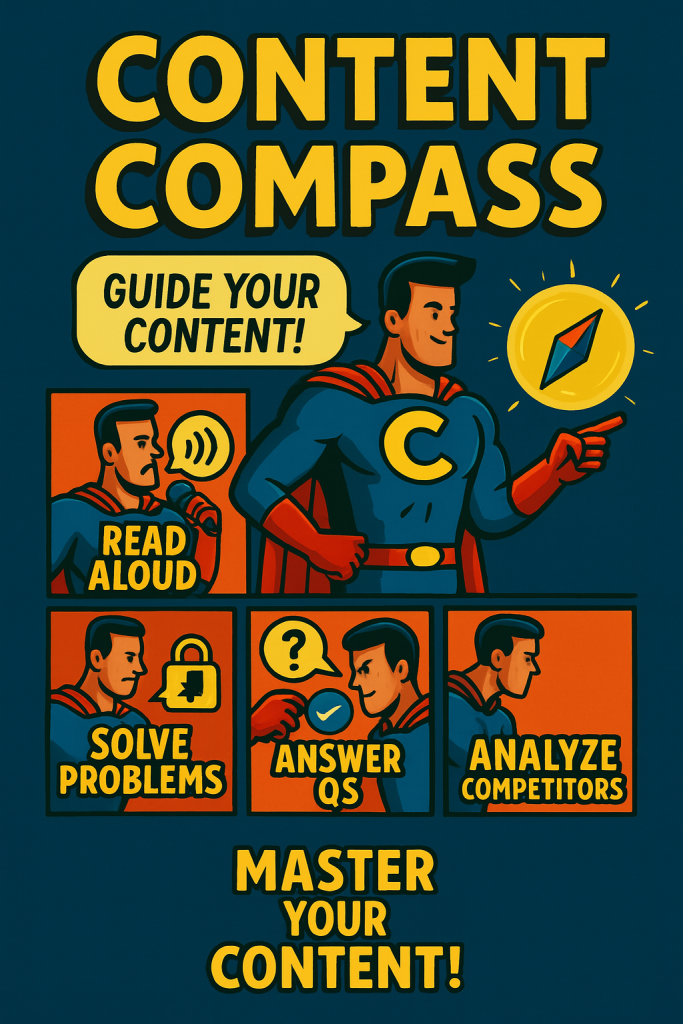 Content Compass infographic featuring a superhero guiding content strategy. Highlights include reading content aloud, solving problems, answering audience questions, and analyzing competitors to improve content quality and SEO performance. Comic book style with bold typography and vibrant colors.