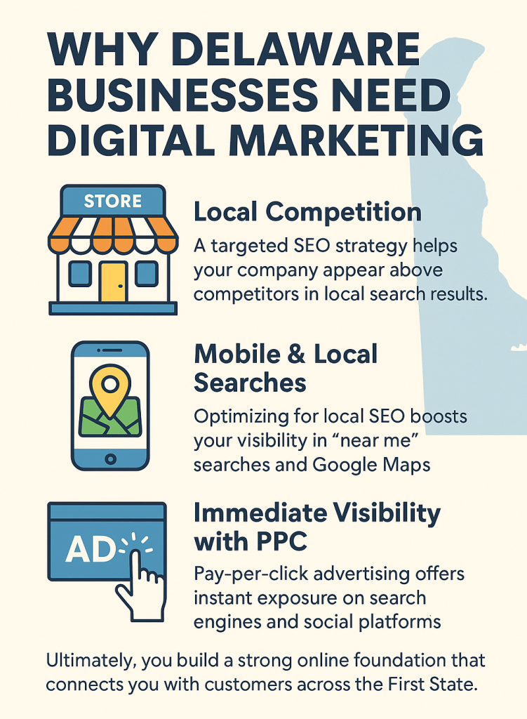 Infographic highlighting the importance of digital marketing for Delaware businesses, including benefits of SEO, local search visibility, and PPC advertising for faster lead generation.