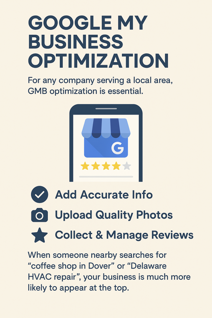 Infographic detailing the Google My Business (GMB) optimization process for Delaware businesses, including claiming the listing, accurate business information, photo uploads, keyword-rich descriptions, review management, and Google Posts.