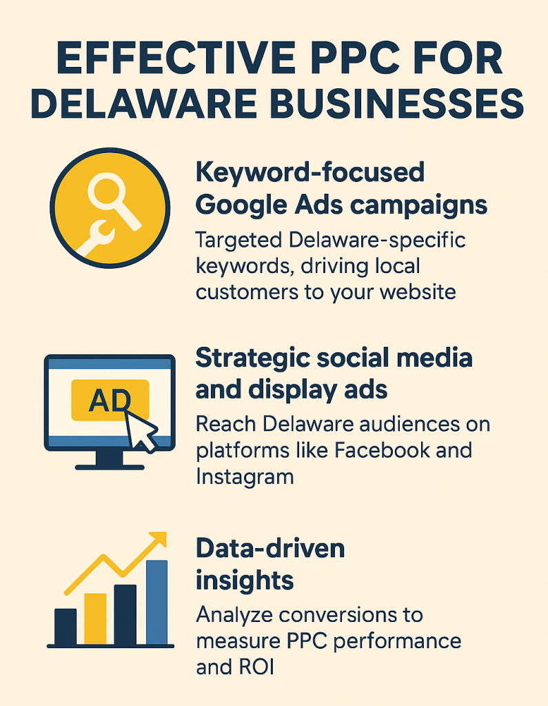 An infographic titled "Effective PPC Advertising for Delaware Businesses" illustrates the key steps of successful Pay-Per-Click marketing, including keyword targeting, audience segmentation, ad design, budget control, and conversion tracking.