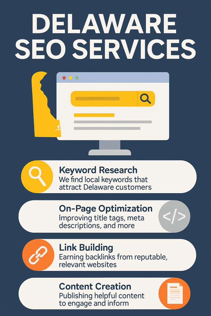 Infographic highlighting Delaware SEO services benefits including keyword optimization, local search targeting, website speed improvements, and increased traffic.