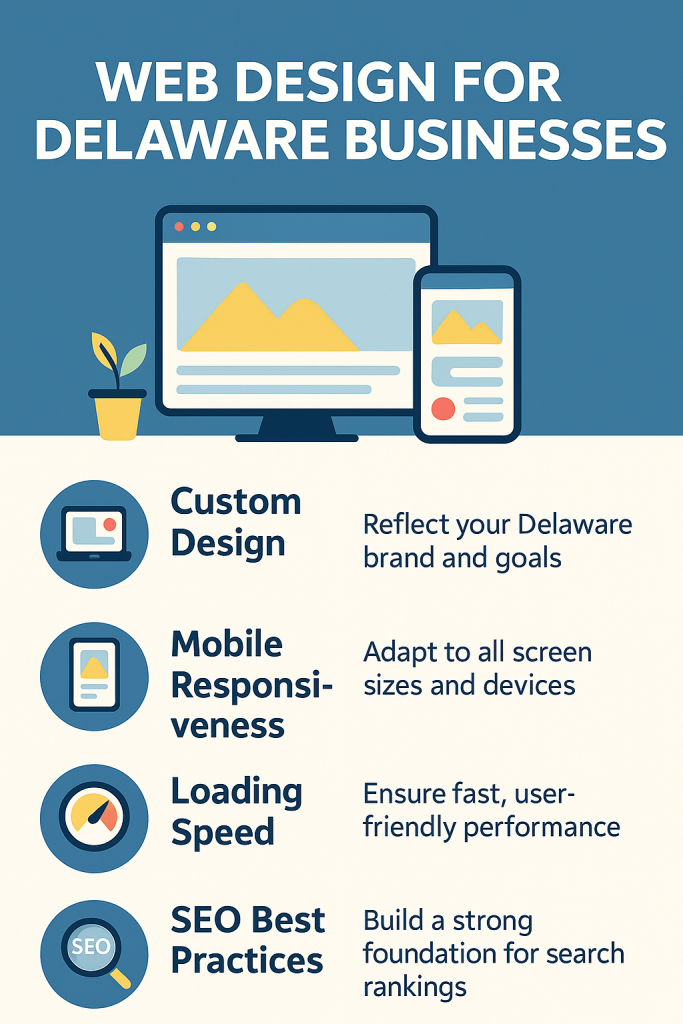 Infographic highlighting key features of professional web design services for Delaware businesses, including responsive design, fast load speed, mobile optimization, SEO integration, and lead generation.