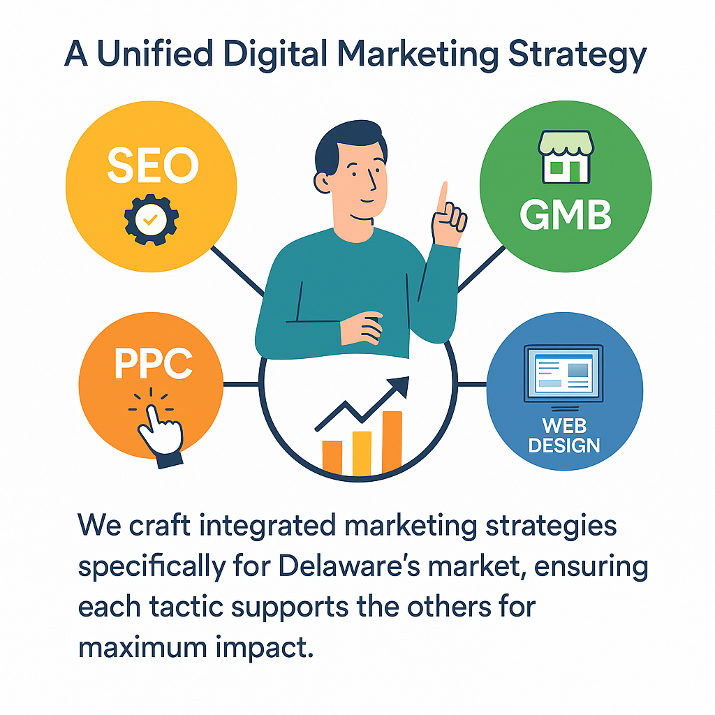 Integrated digital marketing strategy illustration for Delaware businesses, showing how SEO, PPC, GMB optimization, and web design work together to maximize ROI and online visibility.