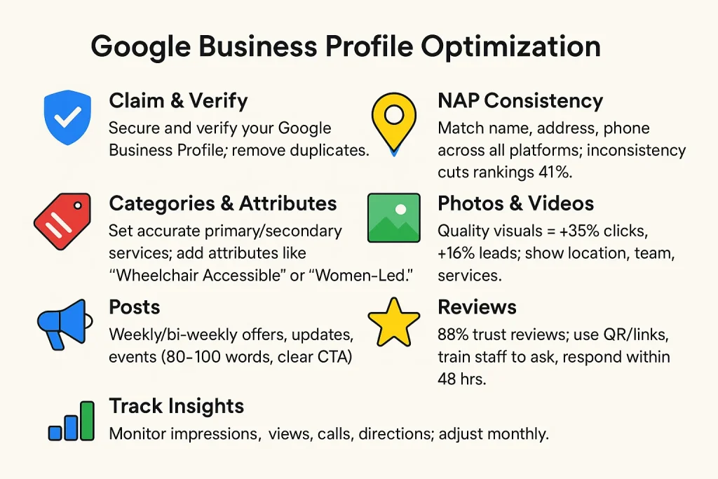 Infographic: Google Business Profile Optimization. Checklist covers Claim & Verify, NAP Consistency, Categories & Attributes, Photos & Videos, Posts, Reviews, and Track Insights.