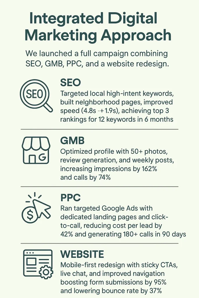Integrated Digital Marketing Approach infographic. Explains campaign results for SEO (top 3 rankings), GMB (impressions, calls), PPC (reduced cost per lead, calls), and Website redesign (form submissions, bounce rate).