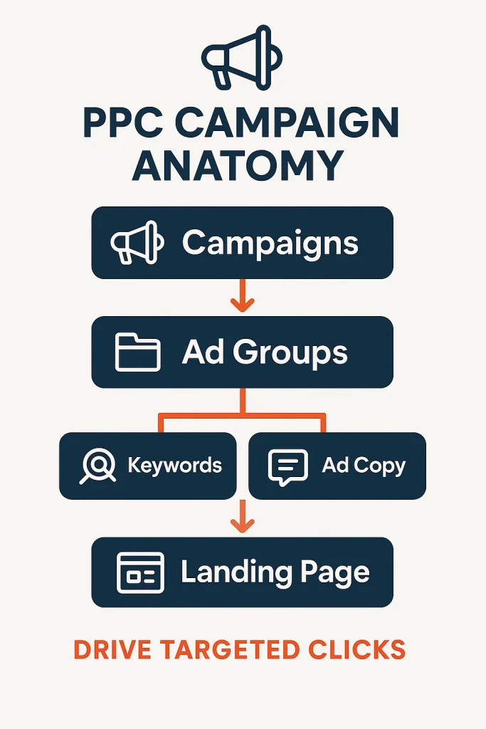 PPC Campaign Structure infographic. Visualizes the essential components of a winning pay-per-click campaign: campaigns, ad groups, keywords, ad copy, and landing page, designed to drive targeted clicks.