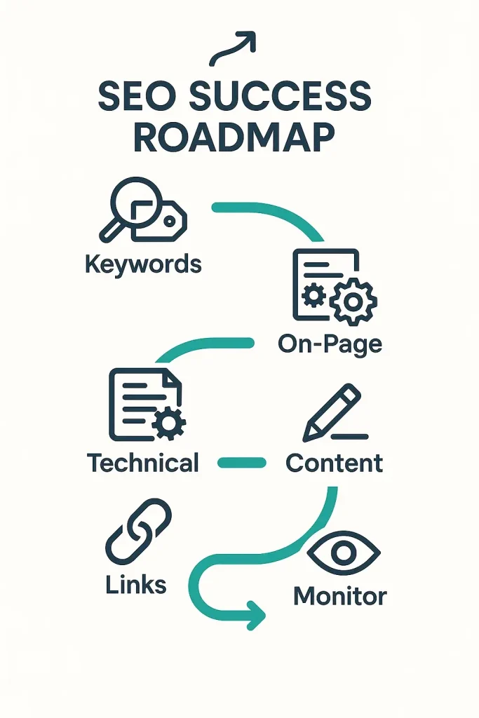 Infographic: SEO Success Roadmap. Visualizes key steps including Keywords, On-Page SEO, Technical SEO, Content, Links, and Monitoring for digital marketing.