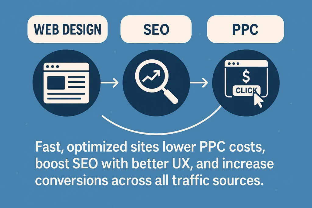 Digital marketing synergy infographic. Illustrates how integrating good web design, effective SEO, and targeted PPC leads to lower ad costs, improved search rankings from better user experience, and higher conversion rates.