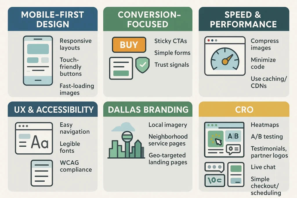 Infographic: Essential web design elements for digital success. Covers mobile-first design, conversion focus, speed, UX, Dallas branding, and CRO.