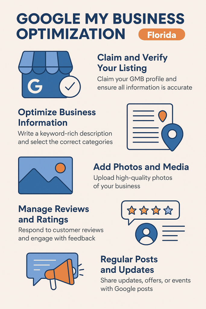 Infographic explaining Google My Business (GMB) optimization process for Florida businesses, including claiming listings, adding local keywords, managing reviews, and posting updates.