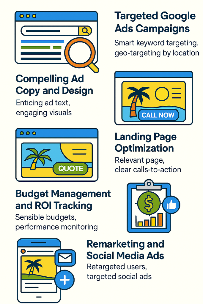 Infographic showcasing five key components of PPC advertising in Florida, including Google Ads targeting, ad copy design, landing page optimization, ROI tracking, and remarketing strategies.