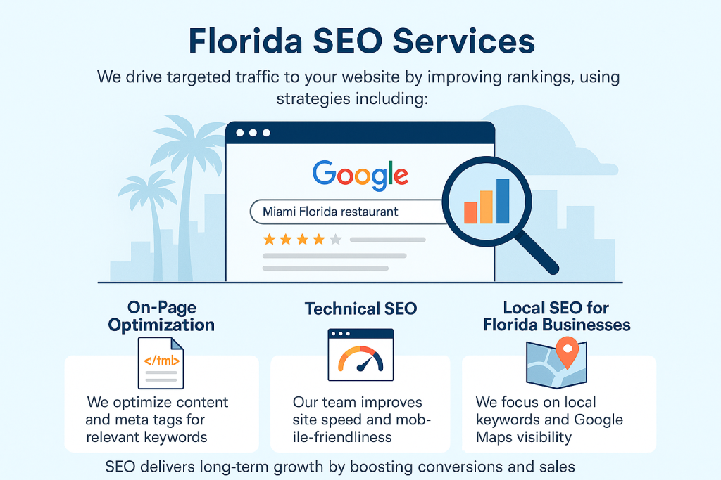 Flat-style infographic promoting Florida SEO services, highlighting local keyword optimization, on-page SEO, technical improvements, and Google Map Pack visibility.