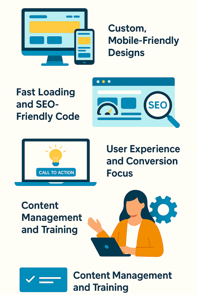 Infographic outlining Florida web design essentials including custom mobile-friendly layouts, SEO-optimized code, user experience strategies, and CMS training.