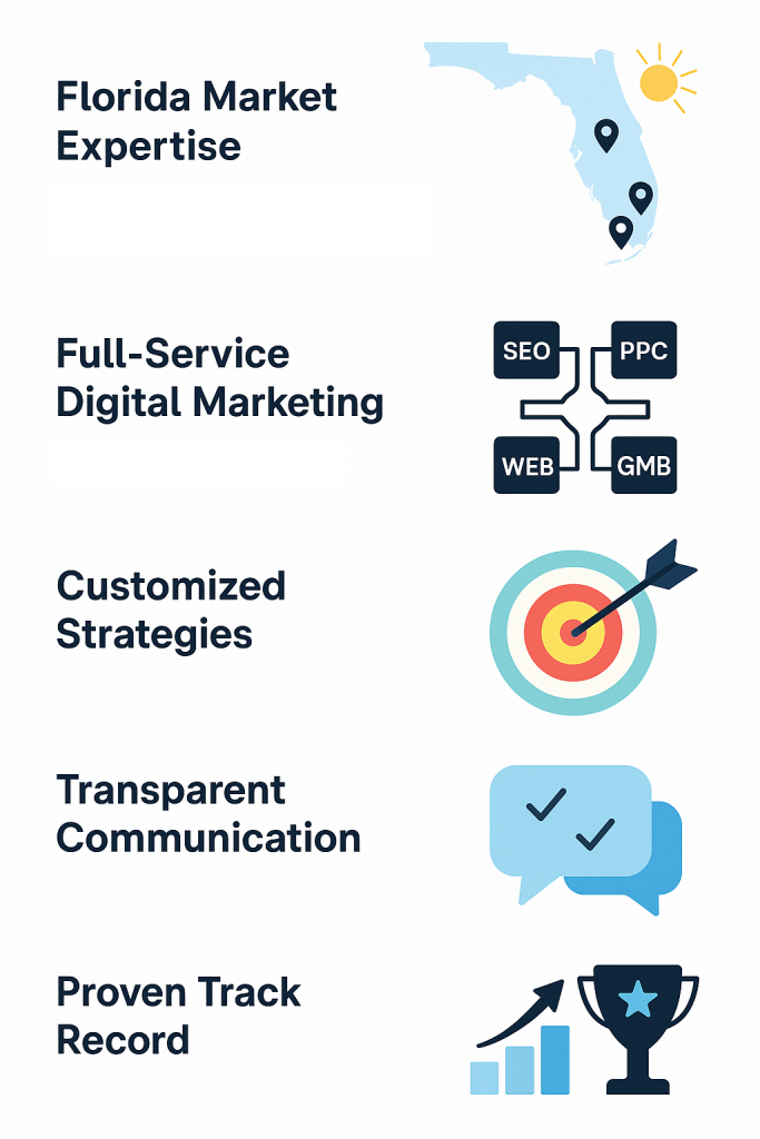 Infographic highlighting the five key reasons to choose RankVisibly as your digital marketing agency in Florida, including local market expertise, full-service solutions, customized strategies, transparent communication, and a proven track record.