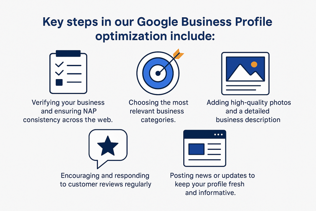 Infographic showing five key steps in Google Business Profile optimization: verifying business info, selecting categories, adding photos, managing reviews, and posting updates.