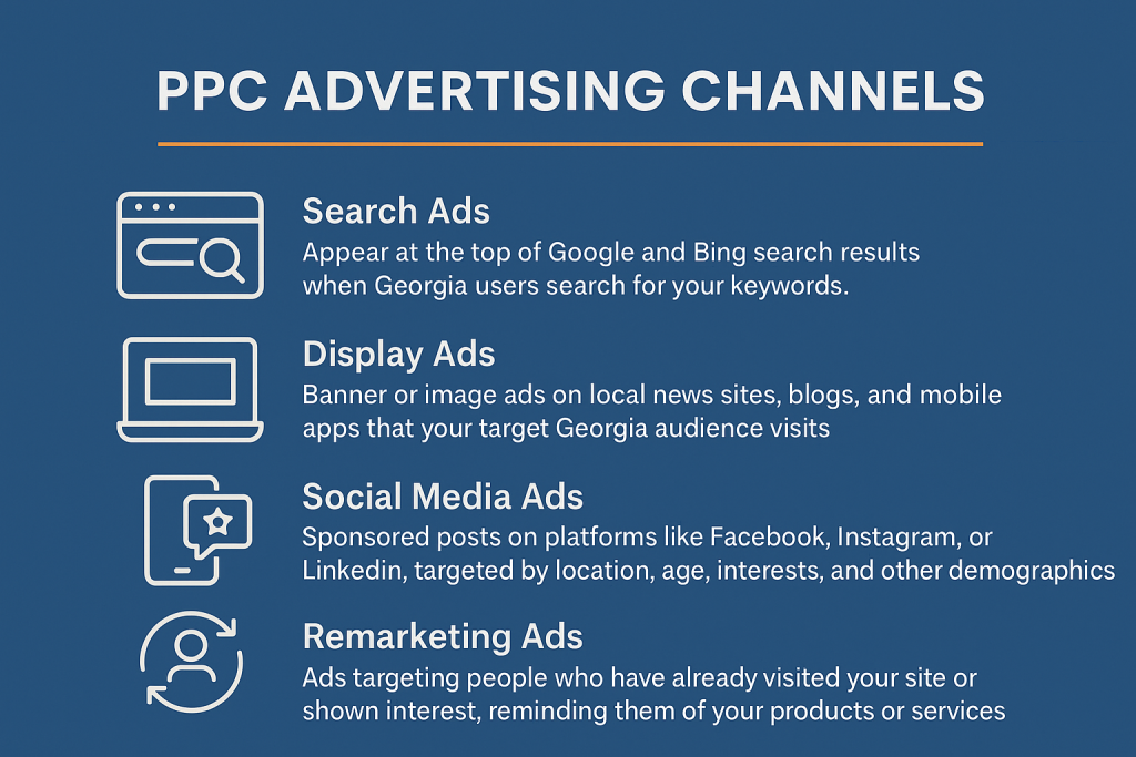 Infographic showing key PPC advertising channels in Georgia, including Google Search Ads, Display Ads, Social Media Ads, and Remarketing strategies.