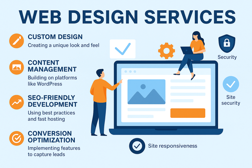 Flat-style digital infographic illustrating key elements of mobile-friendly, SEO-optimized web design for Georgia businesses, including fast loading, responsive design, SSL security, clear CTAs, and analytics integration.
