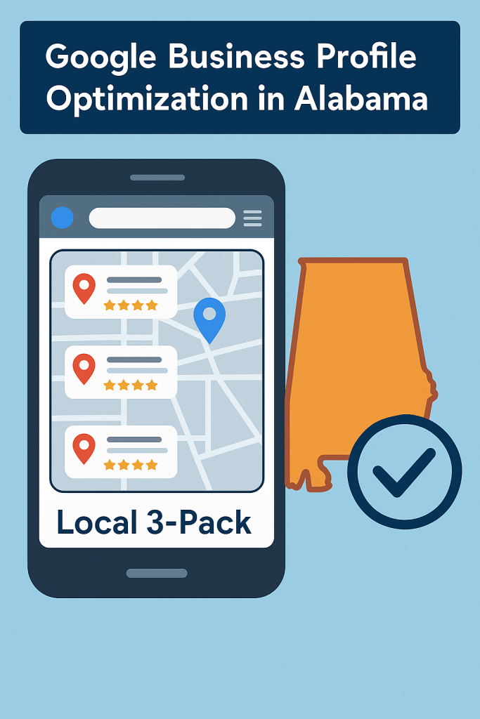 Google Business Profile optimization for Alabama businesses – infographic showing mobile search visibility, local 3-pack ranking, customer reviews, and enhanced listings by RankVisibly