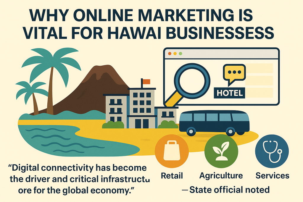 A flat-design infographic illustrating key elements of PPC advertising services in Hawaii, including keyword targeting, ad creation, bid management, landing page optimization, and performance reporting.