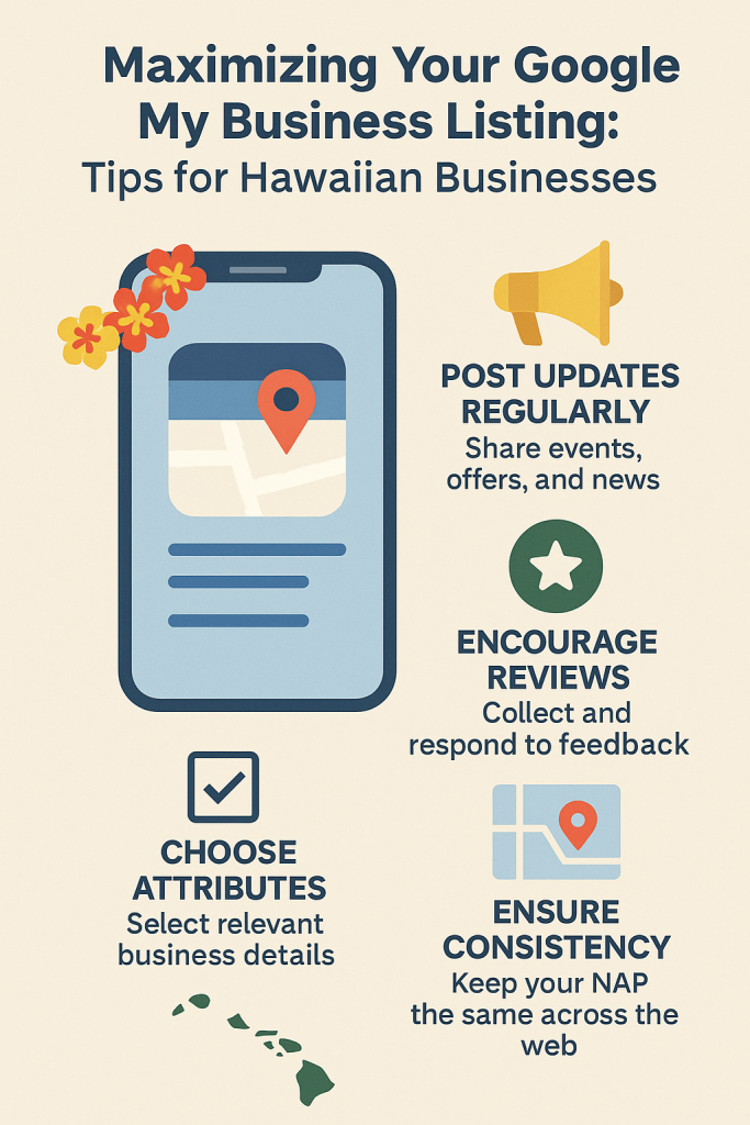 Flat-style digital infographic titled “GMB Optimization for Hawaii Businesses” featuring icons and visual steps outlining the Google Business Profile optimization process, including posting updates, choosing business attributes, managing reviews, and ensuring NAP consistency for enhanced local SEO visibility.