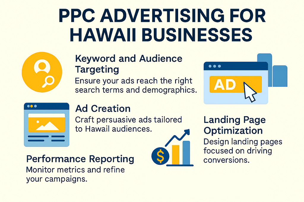 A flat-design infographic illustrating key elements of PPC advertising services in Hawaii, including keyword targeting, ad creation, bid management, landing page optimization, and performance reporting.