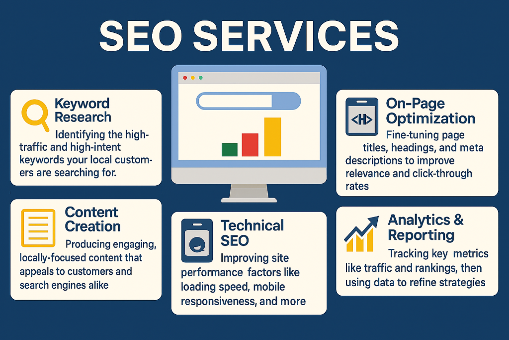 Infographic titled 'SEO Services' illustrating six core components of search engine optimization: Keyword Research, On-Page Optimization, Content Creation, Technical SEO, Link Building, and Analytics & Reporting, tailored for Hawaii businesses.