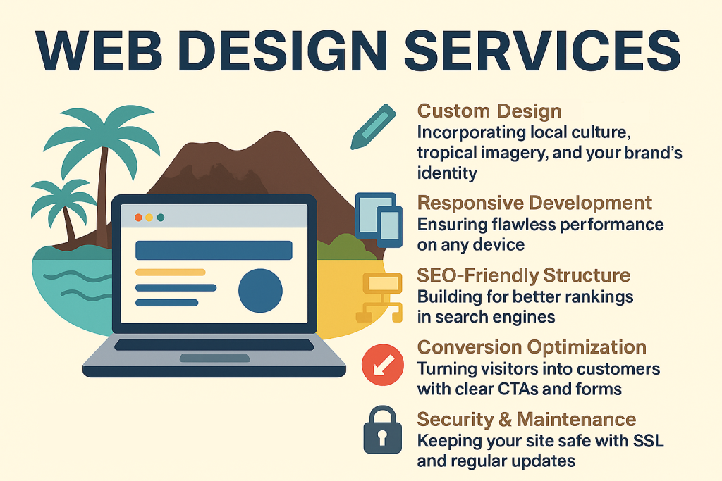 A flat-style digital infographic illustrating key elements of Hawaii-focused web design services, including custom Hawaiian branding, mobile-responsive layouts, SEO-friendly site structure, conversion optimization strategies, and ongoing website maintenance for local businesses.
