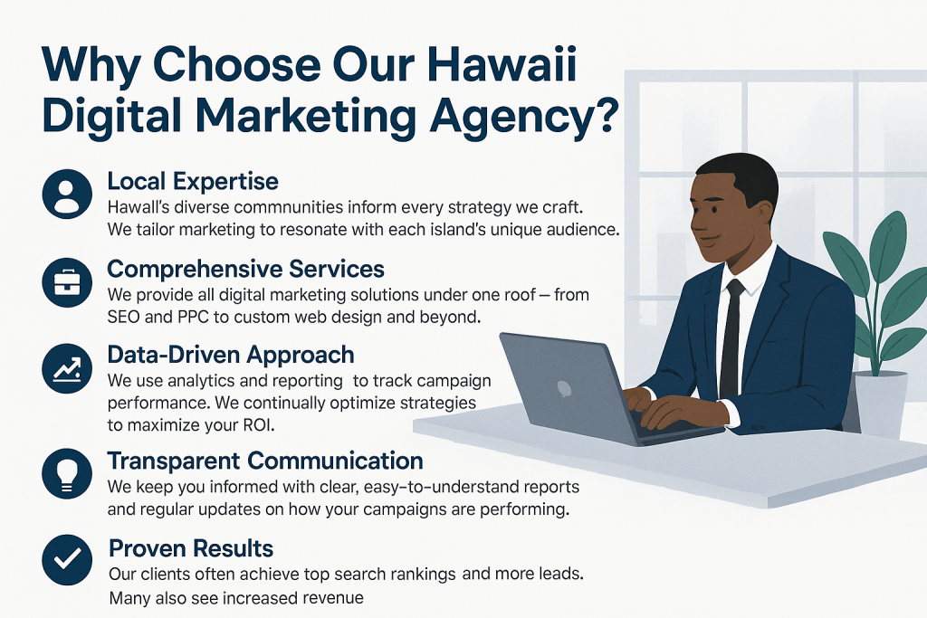 Corporate-style graphic highlighting key reasons to choose RankVisibly as a Hawaii digital marketing agency, featuring icons for local expertise, comprehensive services, data-driven strategies, transparent communication, customized solutions, and proven results alongside an illustration of a professional at a desk.