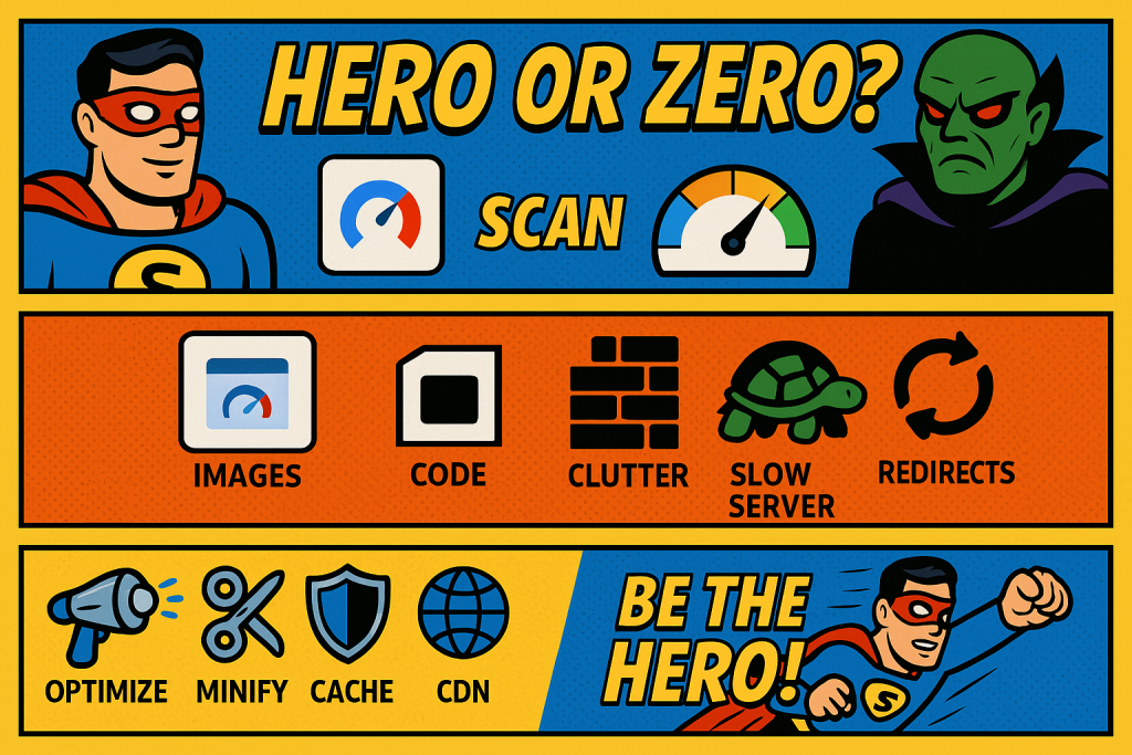 Comic-style infographic showing website speed hero vs villain, PageSpeed scan, fixes like optimize, minify, cache, CDN.