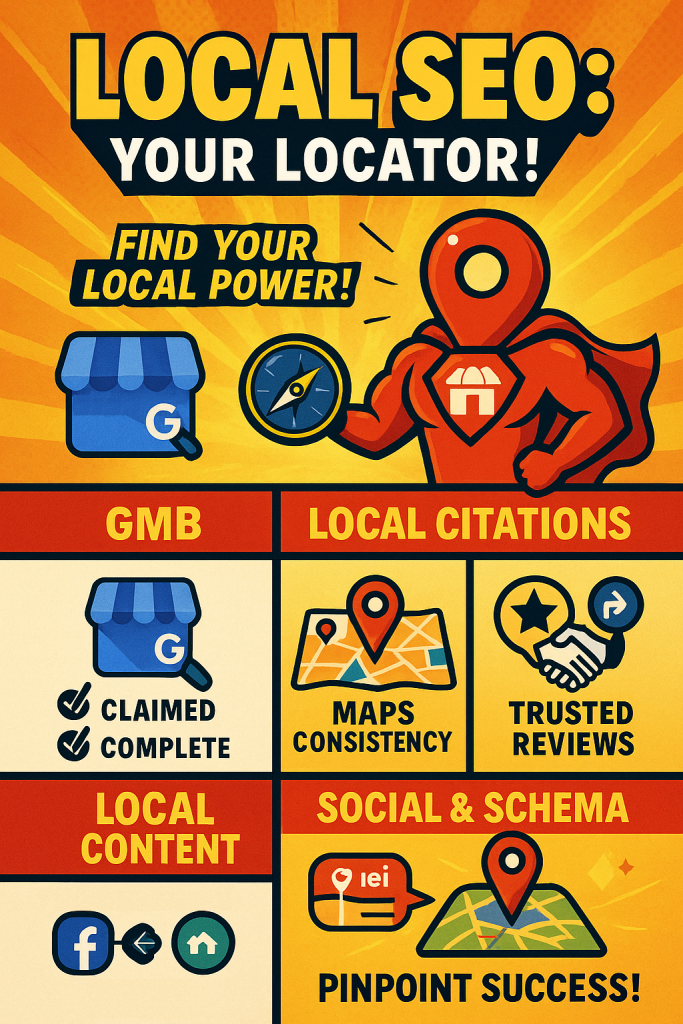 Local SEO infographic titled 'Your Locator' highlighting key local SEO strategies. Features superhero locator icon, Google My Business optimization, consistent local citations, trusted customer reviews, local content creation, and social media plus schema integration for pinpoint SEO success. Vibrant comic book style with bold text and location-based visuals.