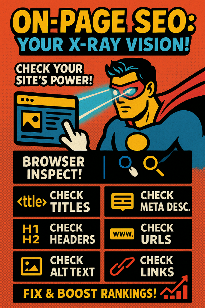 Comic book style infographic titled On-Page SEO: Your X-Ray Vision, featuring a superhero scanning a webpage with X-ray vision. Shows how to check titles, meta descriptions, headers, URLs, alt text, and internal links using browser inspect tools to fix and boost SEO rankings.
