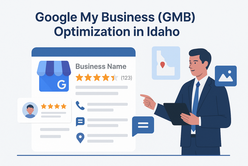 Corporate-style infographic illustrating Google My Business (GMB) optimization for Idaho businesses, featuring a professional managing a business profile with customer reviews, accurate contact info, a map of Idaho, and icons representing photos, messaging, and local SEO enhancements.