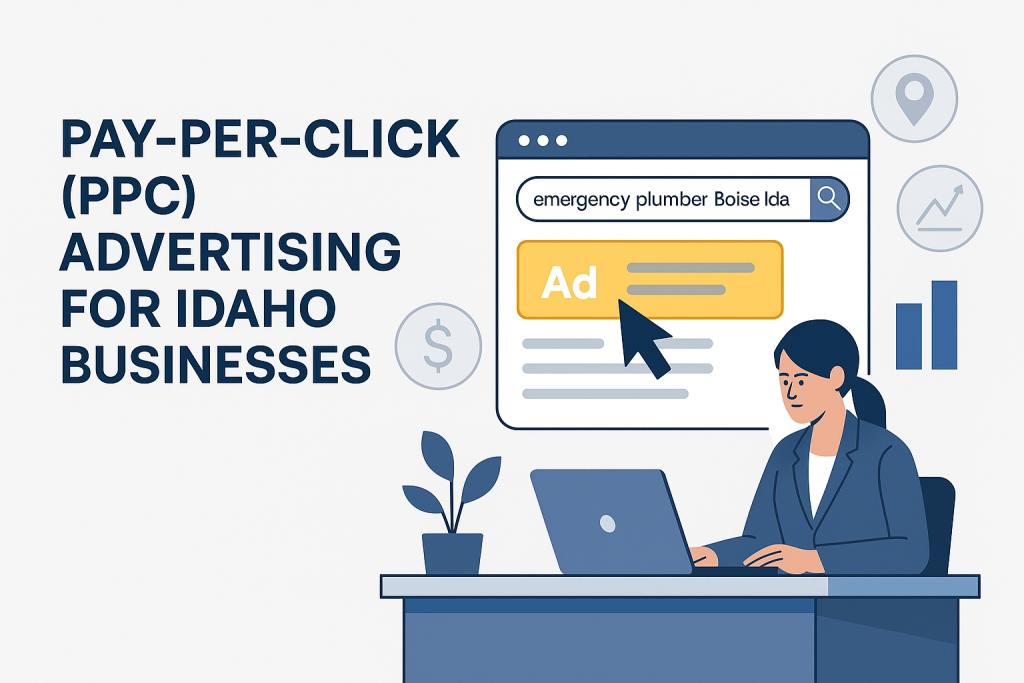 Landscape infographic showcasing Pay-Per-Click (PPC) advertising for Idaho businesses, with a professional at a desk managing a campaign for 'emergency plumber Boise Idaho' and visual elements representing ad targeting, budget control, and lead generation.