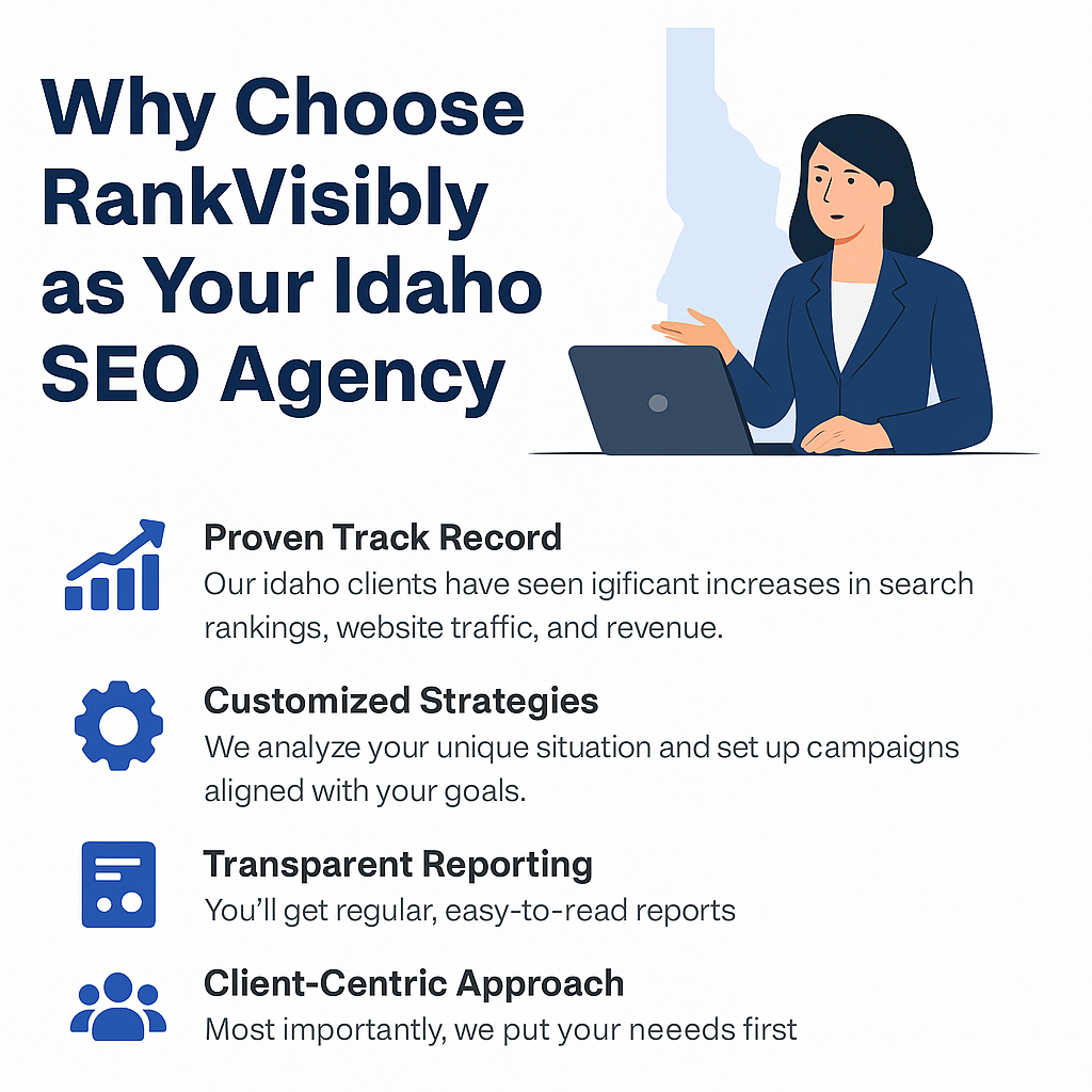 Professional infographic titled 'Why Choose RankVisibly as Your Idaho SEO Agency,' featuring four key benefits—Proven Track Record, Customized Strategies, Transparent Reporting, and Client-Centric Approach—illustrated with icons and a businesswoman working on a laptop, set against the backdrop of Idaho, representing localized digital marketing expertise.