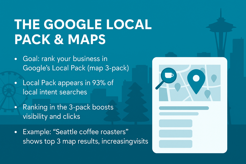 Seattle Google Local Pack infographic showing benefits of ranking in the 3-pack map results. Highlights include 93% of local intent searches showing map listings, increased visibility and clicks, and an example search for 'Seattle coffee roasters.' Features Seattle skyline silhouettes and corporate design elements.