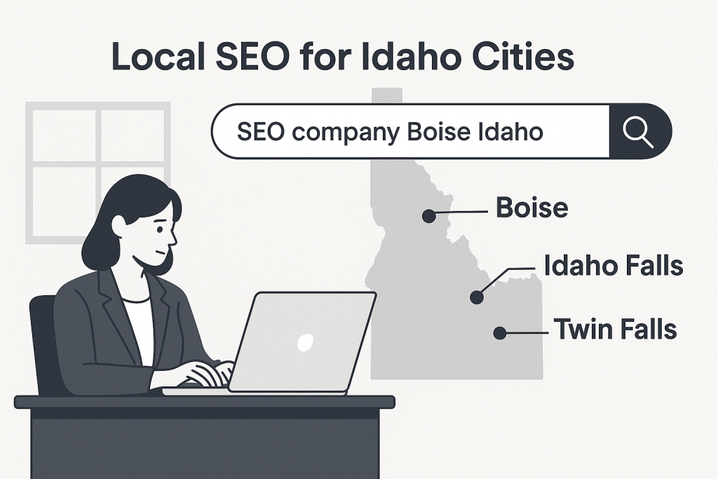 Corporate-style illustration highlighting local SEO strategies for Idaho businesses, featuring a map with Boise, Idaho Falls, and Twin Falls labeled, alongside a search bar showing 'SEO company Boise Idaho' and a professional working on a laptop, representing targeted digital marketing efforts by RankVisibly.