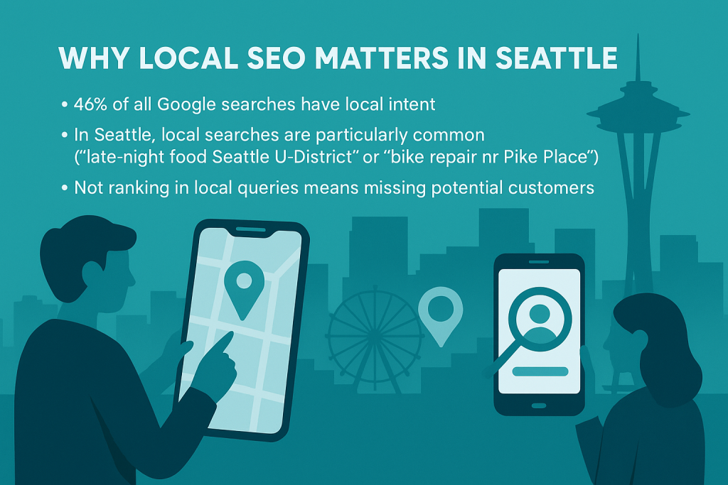 Infographic explaining why local SEO matters in Seattle, highlighting mobile search behavior, 46% of Google searches with local intent, and examples like 'late-night food Seattle U-District' and 'bike repair near Pike Place.' Features Seattle skyline silhouettes and corporate design elements.